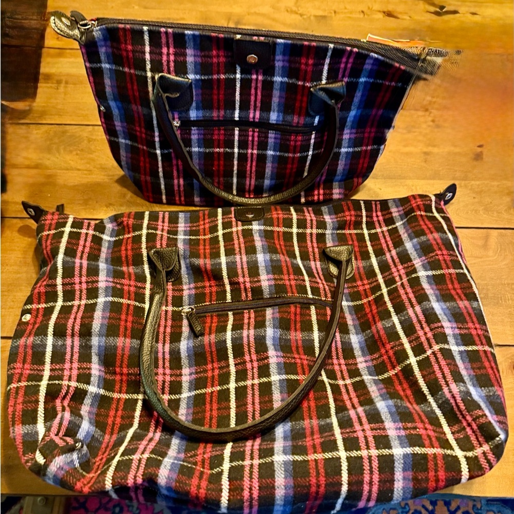 Red and Black Plaid Travel Tote Set with Faux Leather Handles